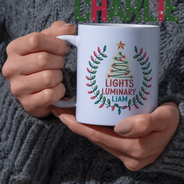 Shop the Personalized Christmas Mug by Lights Luminary Liam - Double-Sided Print for Festive Cheer