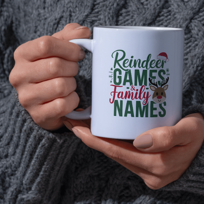 Shop Festive Reindeer Games & Personalized Family Names Christmas Mug - Double-Sided Print