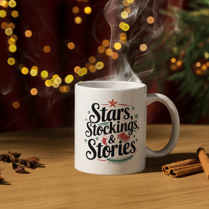 Shop the Family Christmas Mug: Stars, Stockings, & Stories Design - Double-Sided Print