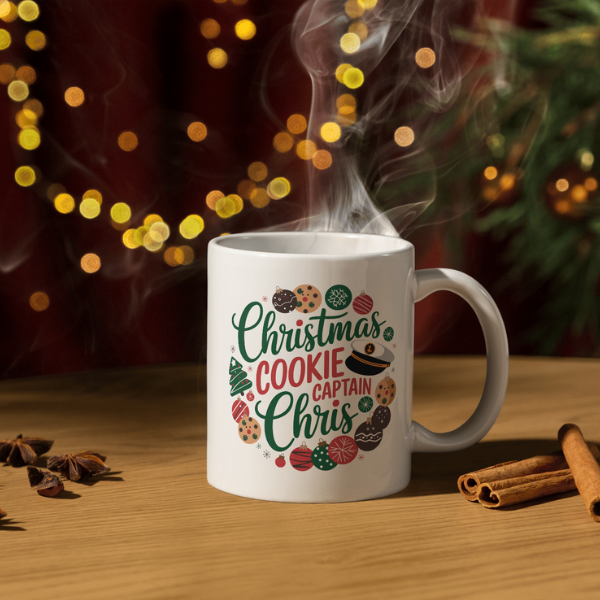 Shop Personalized Christmas Mug Featuring Captain Chris - Double-Sided Print Holiday Cookie Design