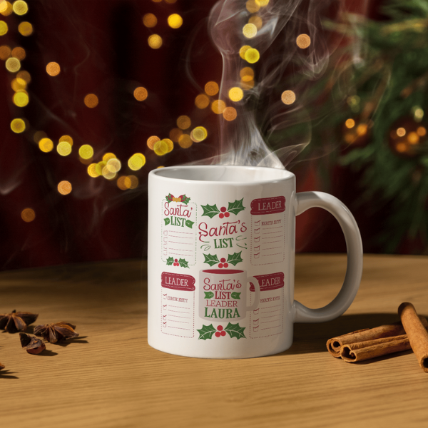 Shop the Personalized "Santa's List Leader Laura" Christmas Mug - Double-Sided Print