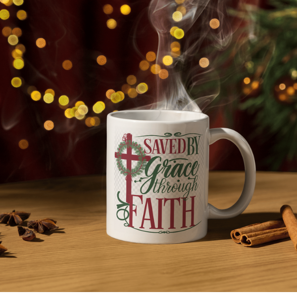 Shop the "Saved by Grace Through Faith" Christmas Mug – Double-Sided Print for Festive Inspiration