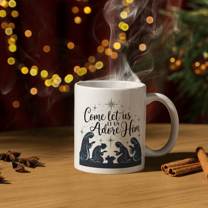 Shop the "Come Let Us Adore Him" Christmas Mug - Double-Sided Print for Festive Cheer