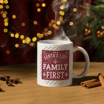 Shop the "Family First Christmas Mug" – Double-Sided Print Featuring Santa's List