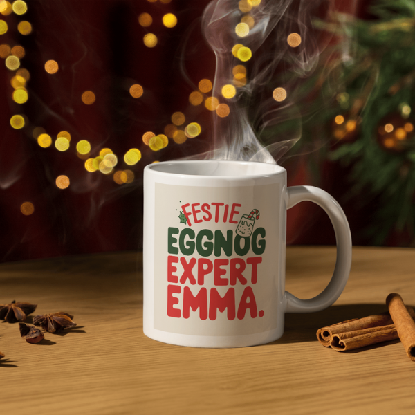 Shop the Personalized Christmas Mug by Eggnog Expert Emma - Double-Sided Print for Festive Cheer