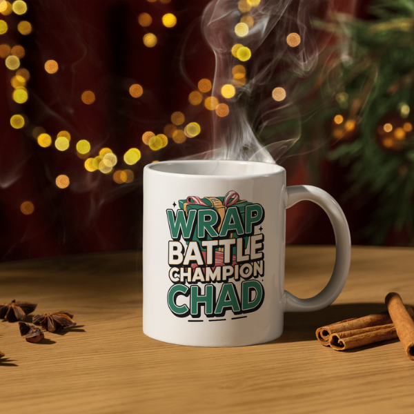 Shop the Personalized "Wrap Battle Champion Chad" Christmas Mug – Double-Sided Print