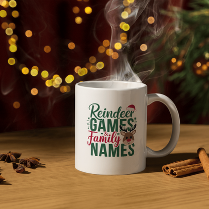 Shop Festive Reindeer Games & Personalized Family Names Christmas Mug - Double-Sided Print