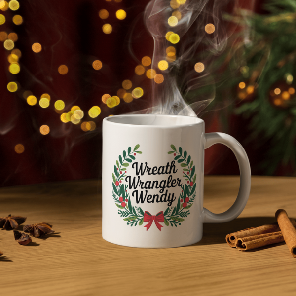 Shop the Personalized "Wreath Wrangler Wendy" Christmas Mug - Double-Sided Print