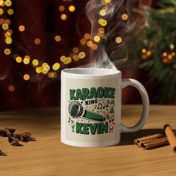 Shop the Personalized "Karaoke King Kevin" Christmas Mug - Double-Sided Print