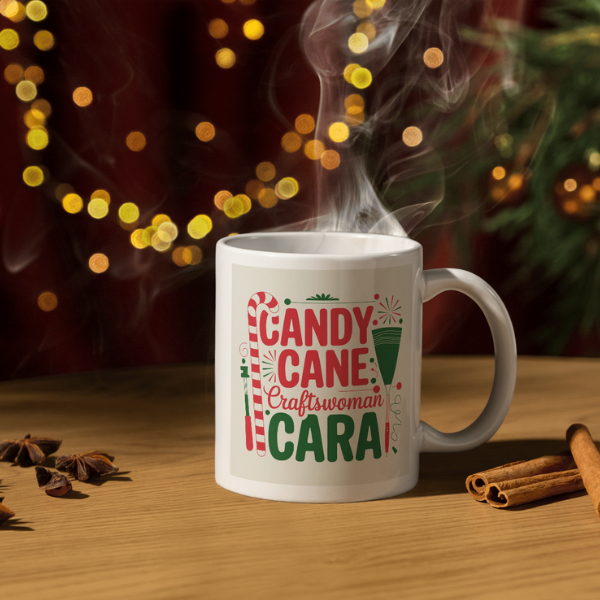 Shop Personalized Christmas Mug Featuring Candy Cane Craftswoman Cara - Double-Sided Print