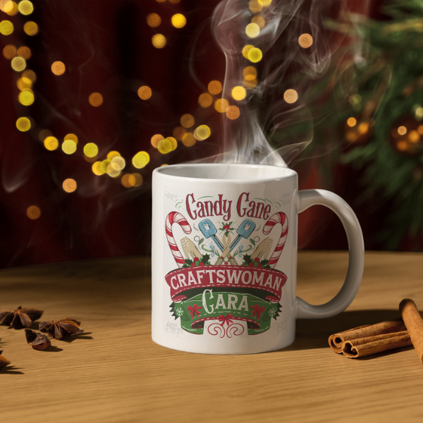 Shop Personalized Christmas Mug Featuring Candy Cane Craftswoman Cara - Double-Sided Print