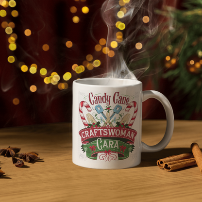 Shop Personalized Christmas Mug Featuring Candy Cane Craftswoman Cara - Double-Sided Print