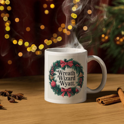 Shop the Wreath Wizard Wyatt V2: Personalized Christmas Mug with Double-Sided Print