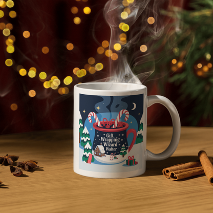 Shop the Personalized Christmas Mug Featuring Gift Wrapping Wizard Walter - Double-Sided Print