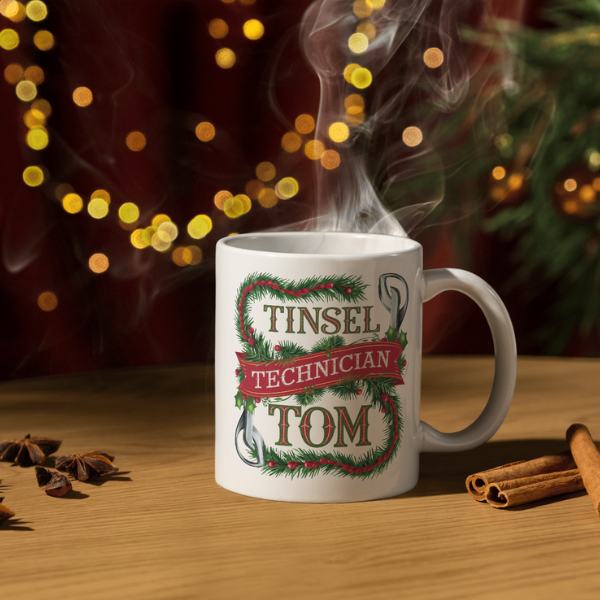 Shop the Personalized "Tinsel Technician Tom" Christmas Mug - Double-Sided Print