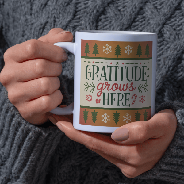 Shop the "Gratitude Grows Here" Christmas Mug - Perfect Holiday Gift for Coffee Lovers