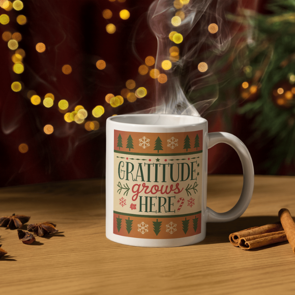 Shop the "Gratitude Grows Here" Christmas Mug - Perfect Holiday Gift for Coffee Lovers